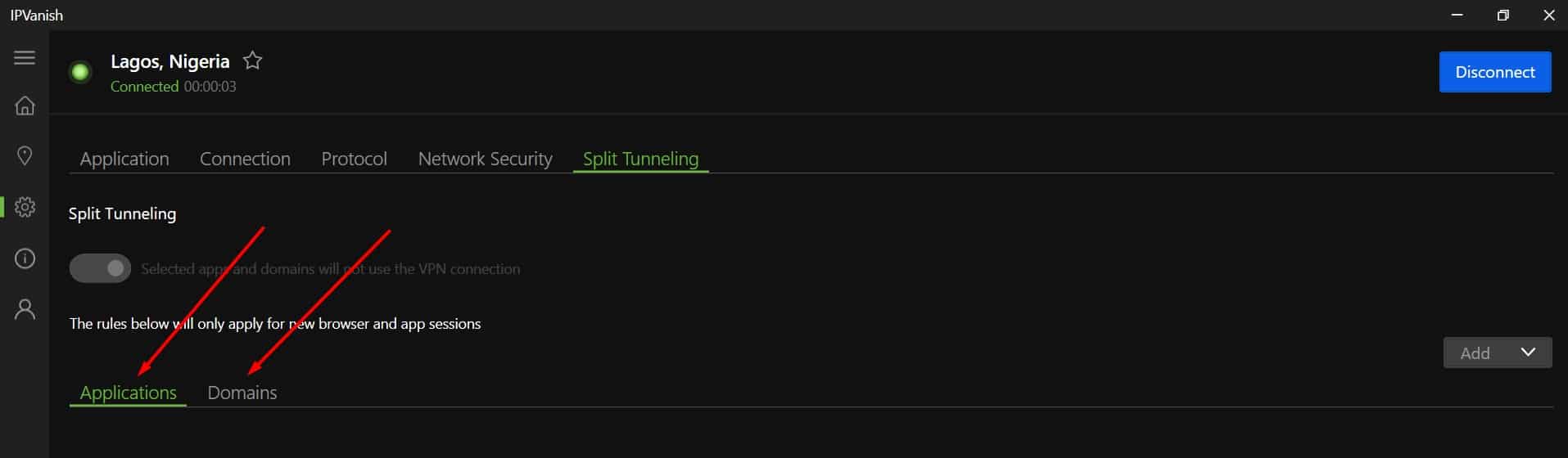 IPVanish's split tunneling feature.