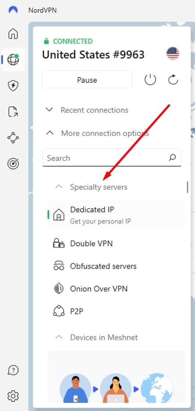 NordVPN's specialty servers.