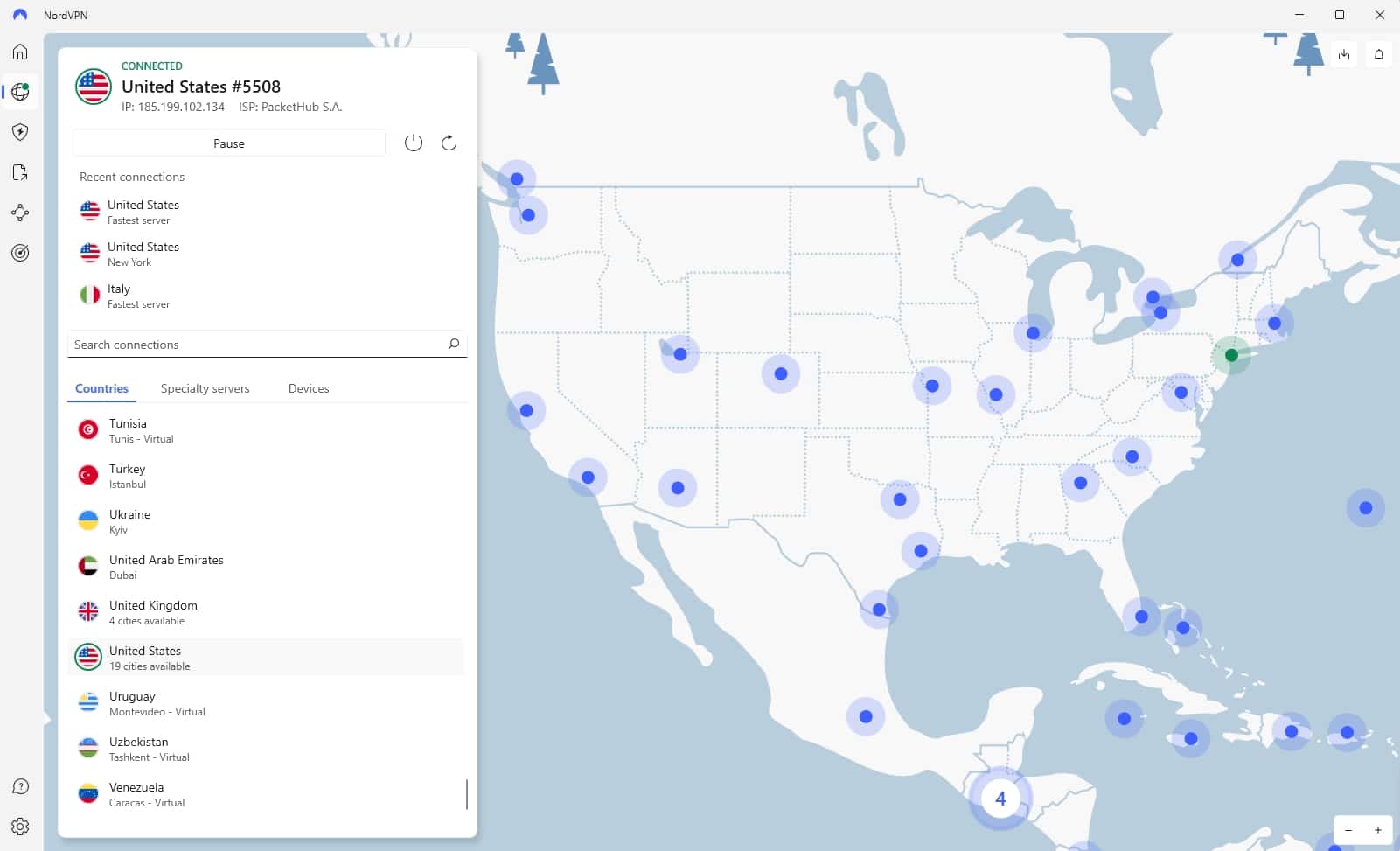 NordVPN's US server map.