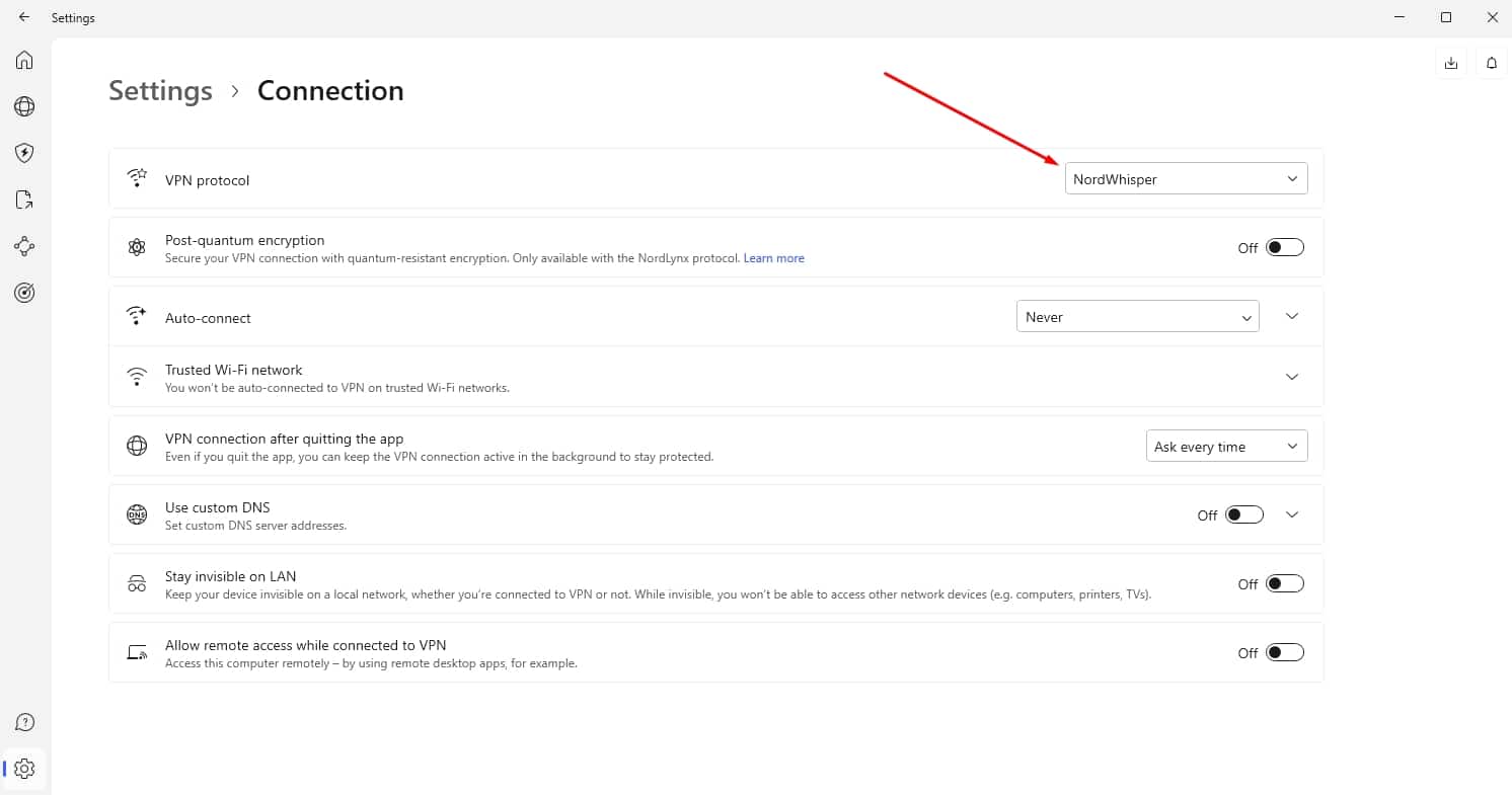 NordVPN's connection settings.