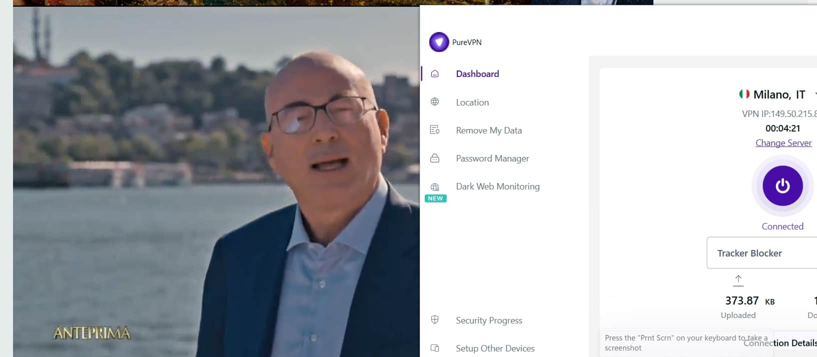 Streaming LA7 using PureVPN.