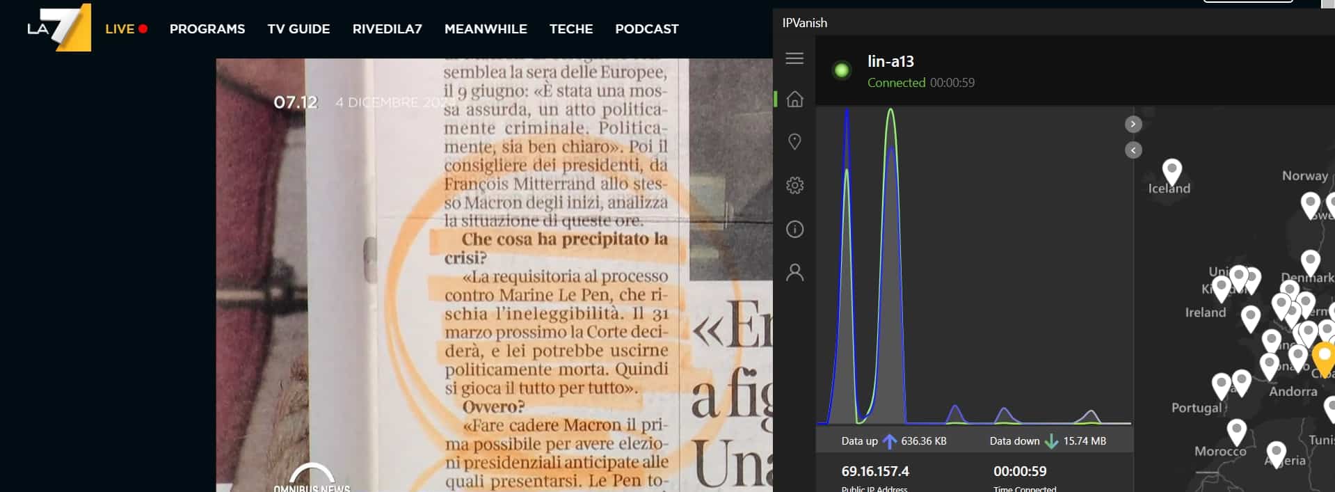 Streaming LA7 using IPVanish.