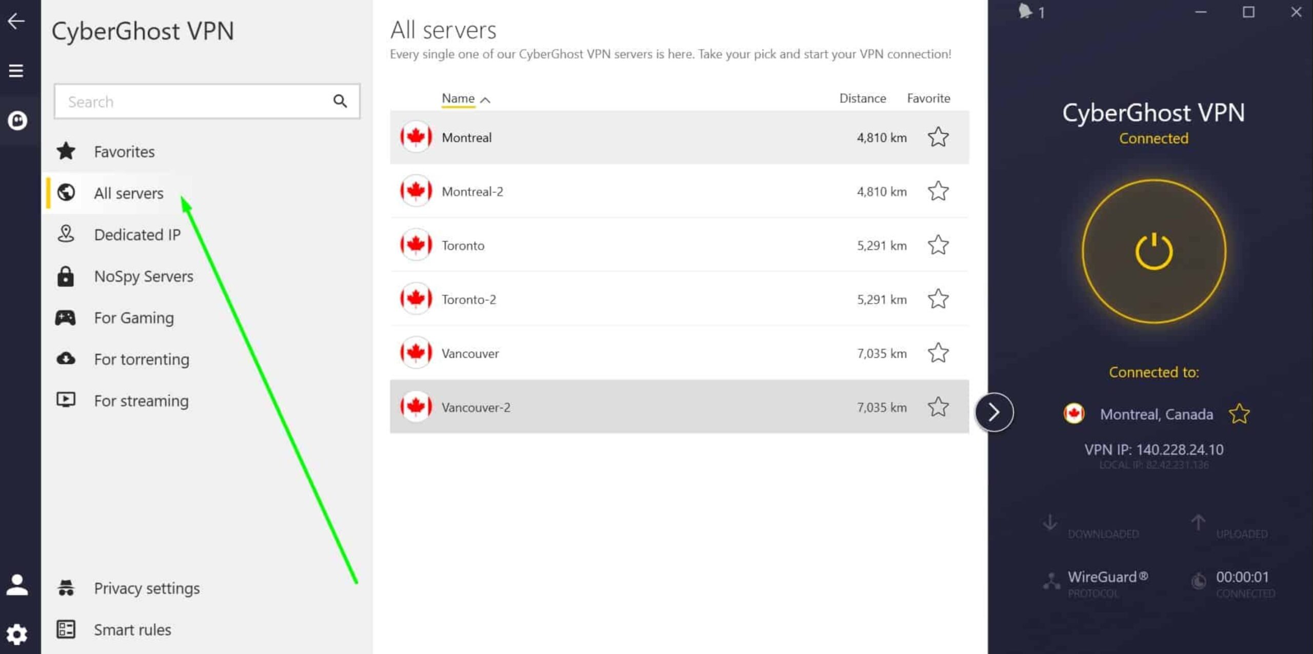 Screenshot of CyberGhost's servers in Canada