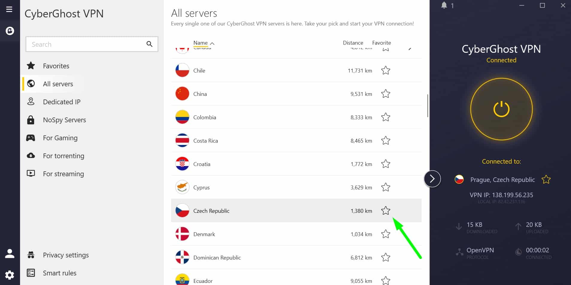 Screenshot showing CyberGhost's Czech servers