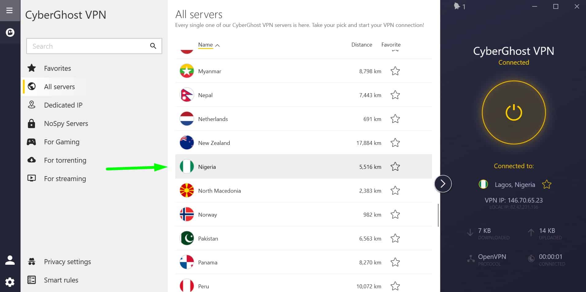 Screenshot showing CyberGhost's Nigeria servers