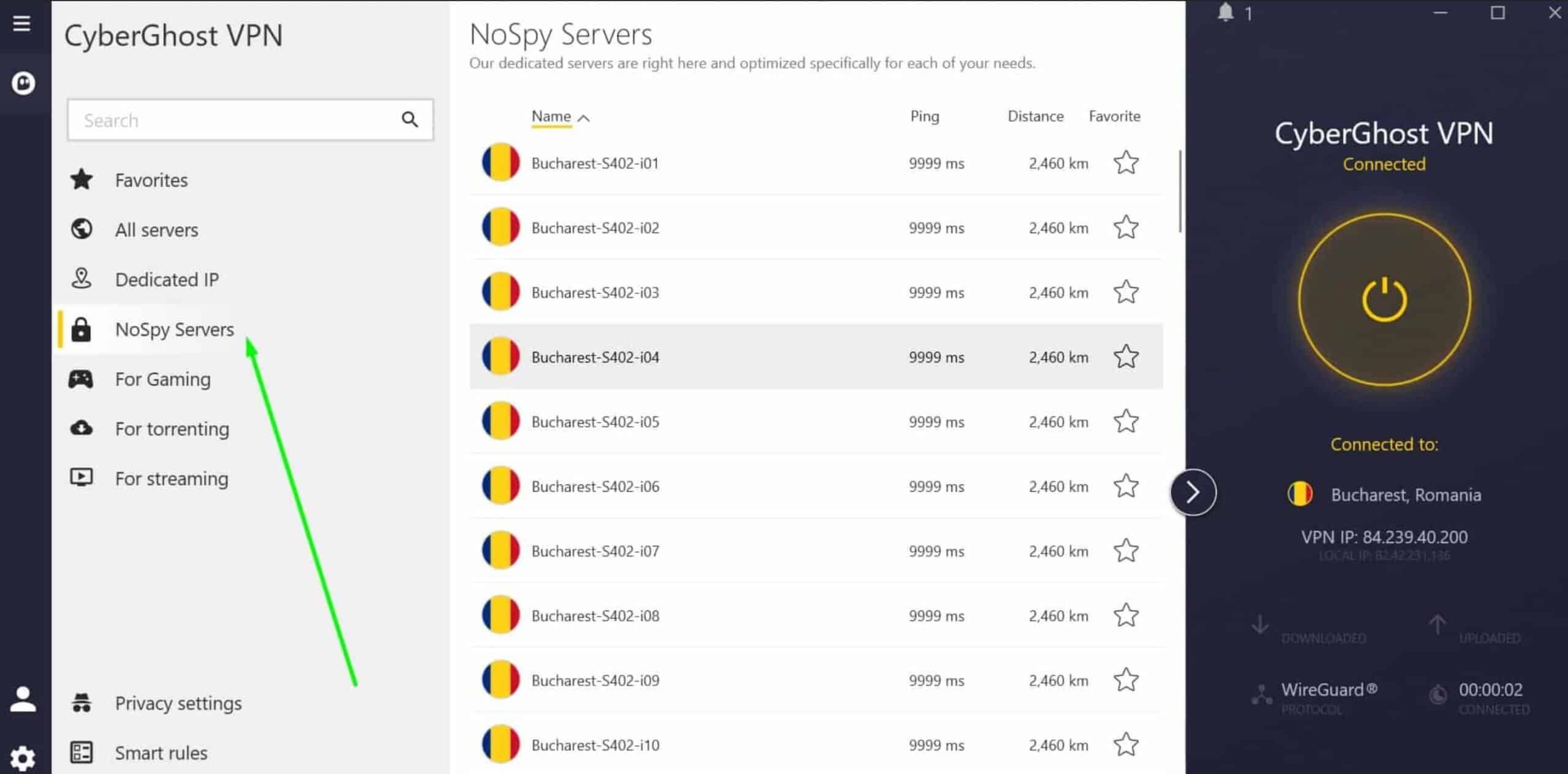Screenshot of CyberGhost's special NoSpy servers