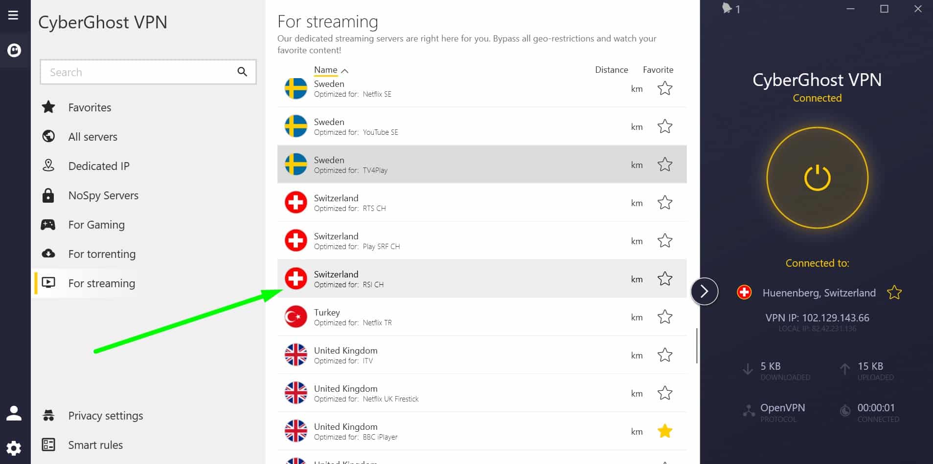 Screenshot showing CyberGhost's Swiss streaming servers