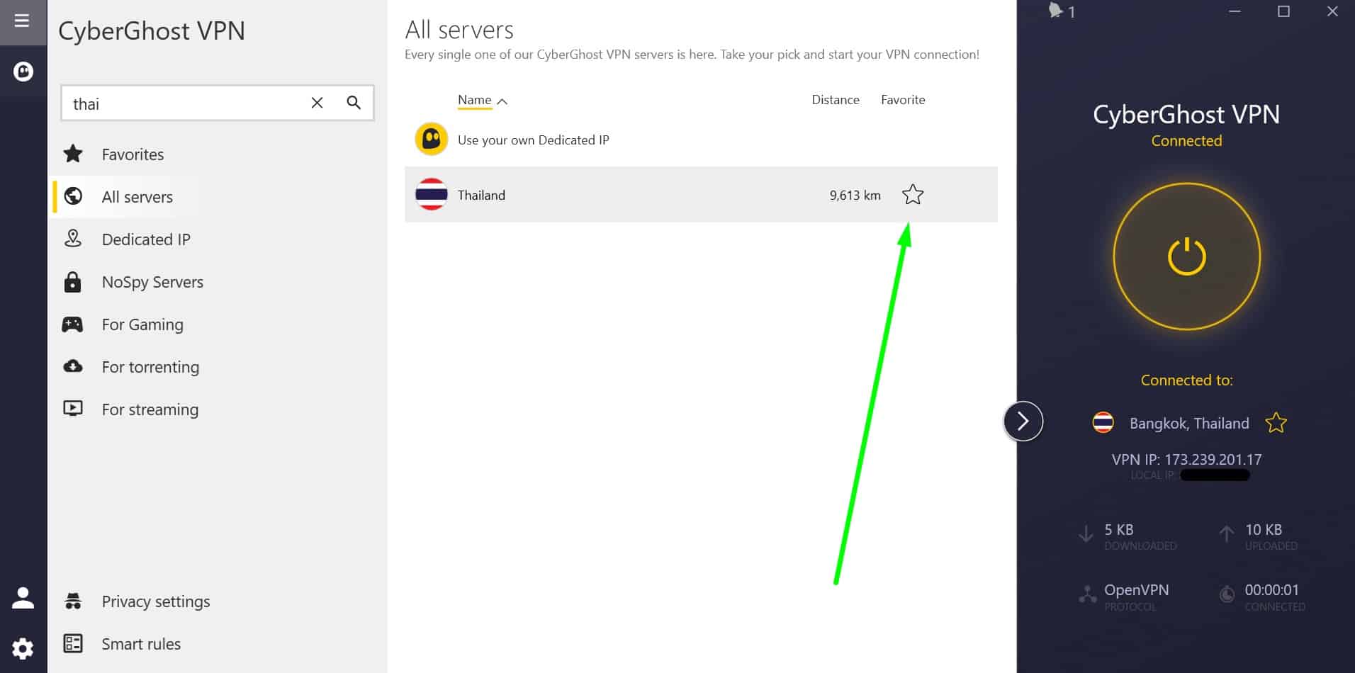 Screenshot showing CyberGhost's Thailand servers
