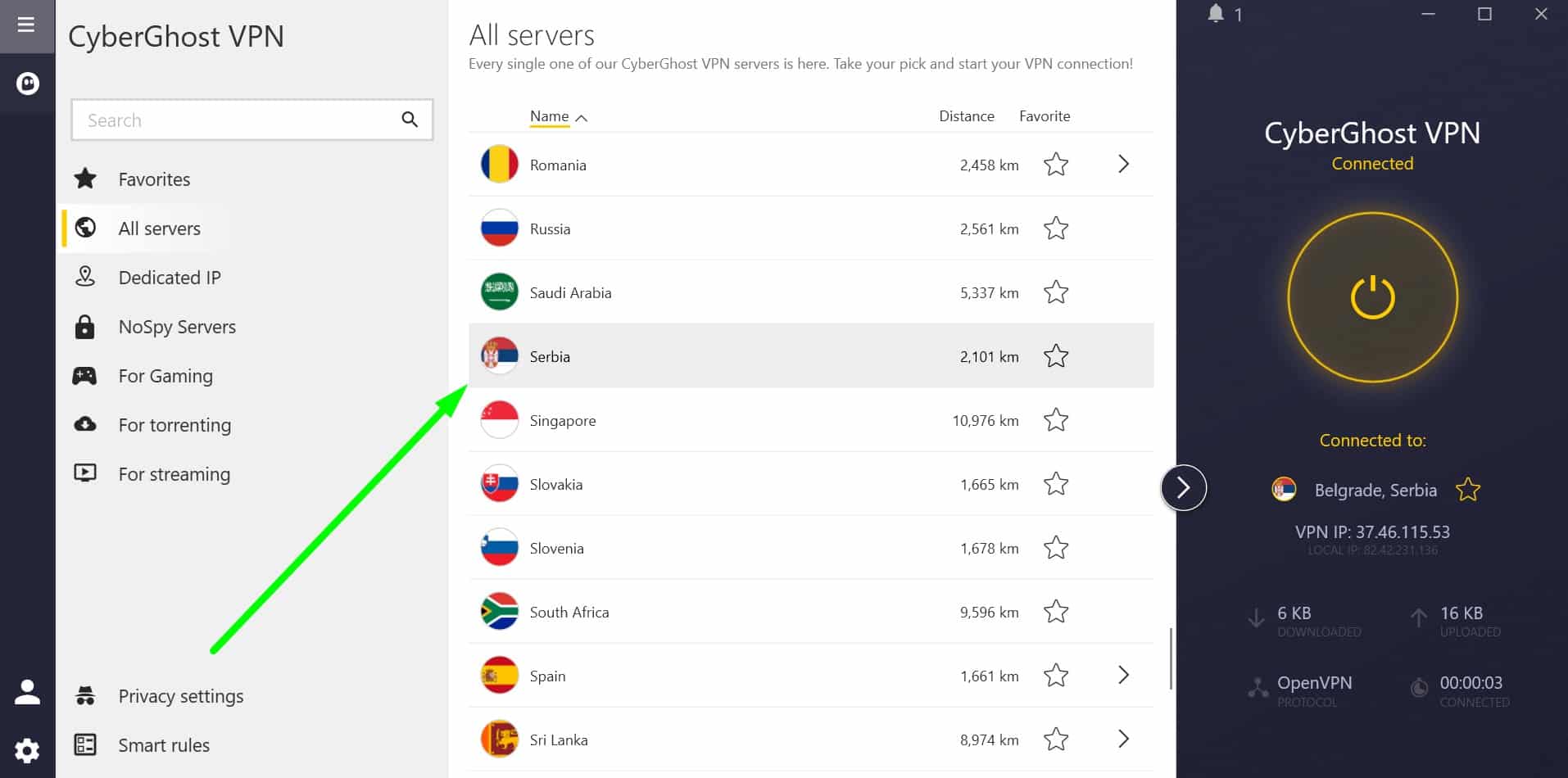 Screenshot of CyberGhost's serbia servers