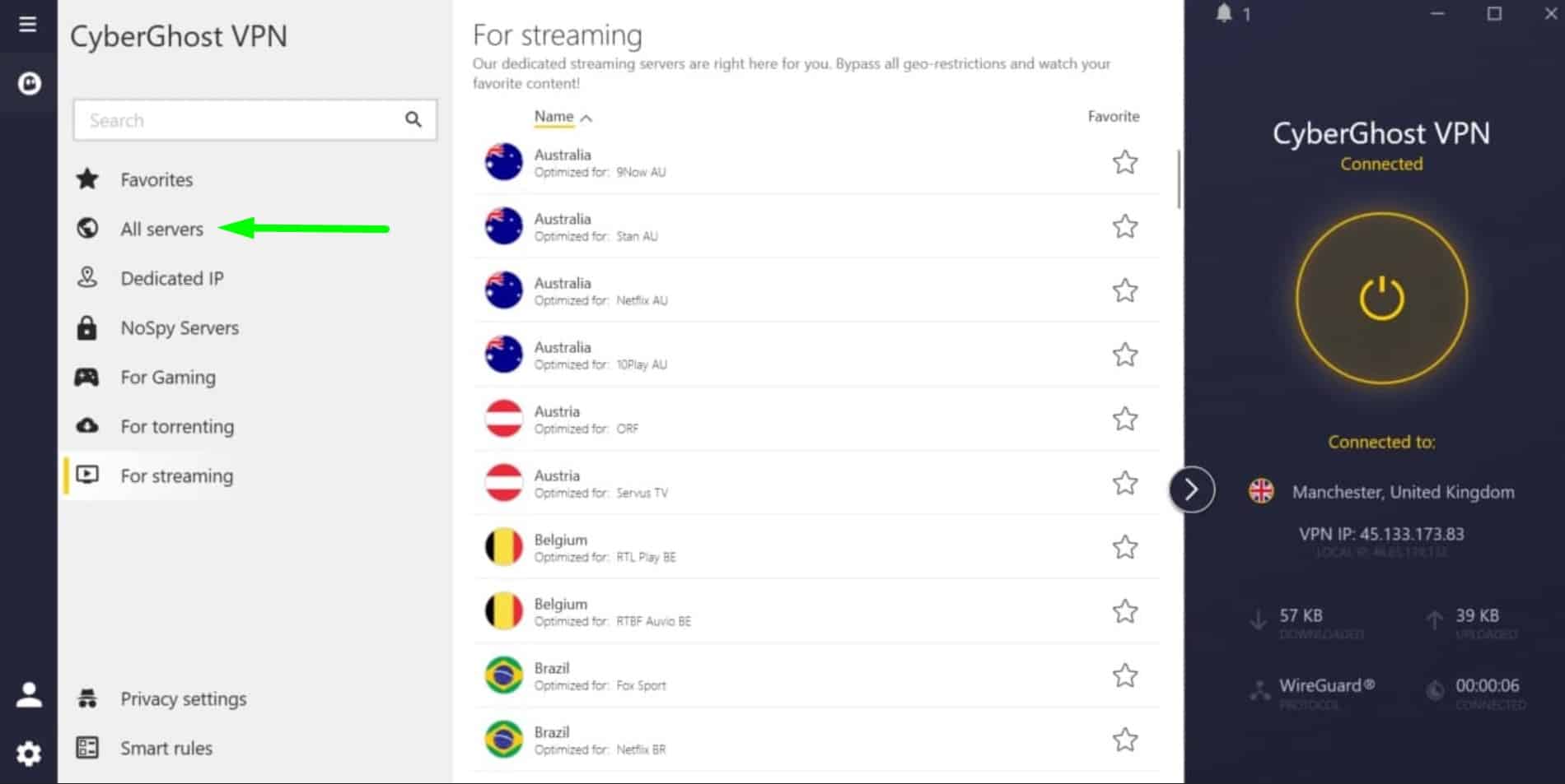Screenshot of CyberGhost's streaming servers