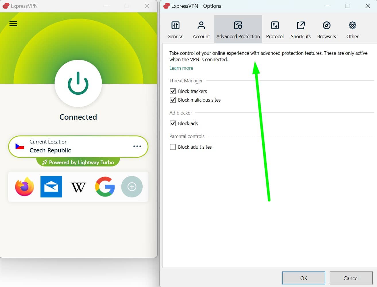 Screenshot showing ExpressVPN's Czech servers