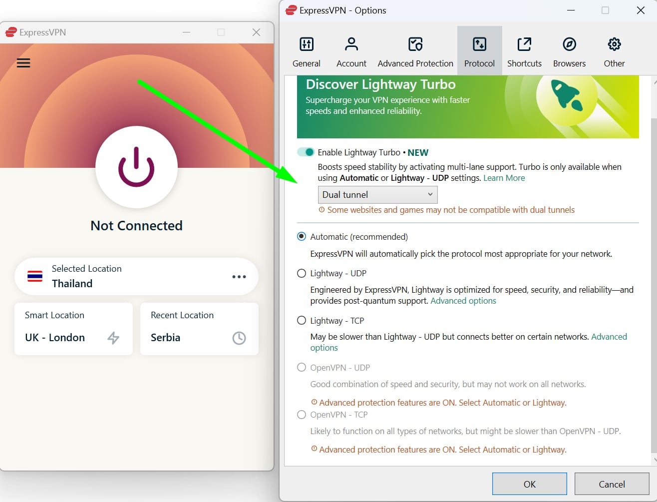 Screenshot showing ExpressVPN's Dual tunnel settings