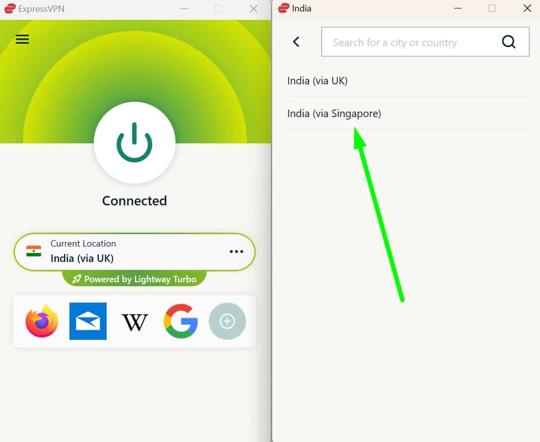 Screenshot of ExpressVPN's India servers