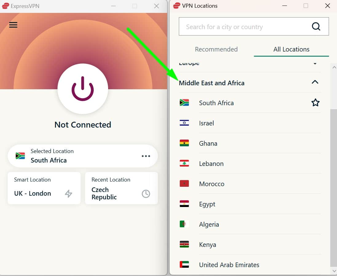 Screenshot showing ExpressVPN's Middle East and Africa servers