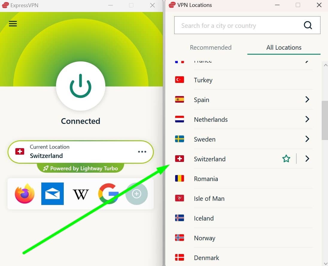 Screenshot showing ExpressVPN's Switzerland servers