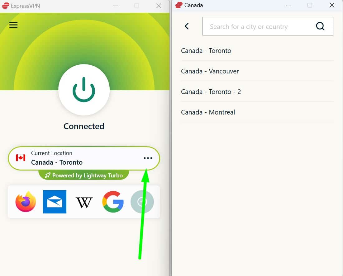 Screenshot of ExpressVPN's canada servers