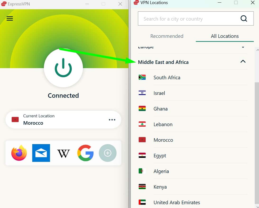 Screenshot showing ExpressVPN's middle eastern servers