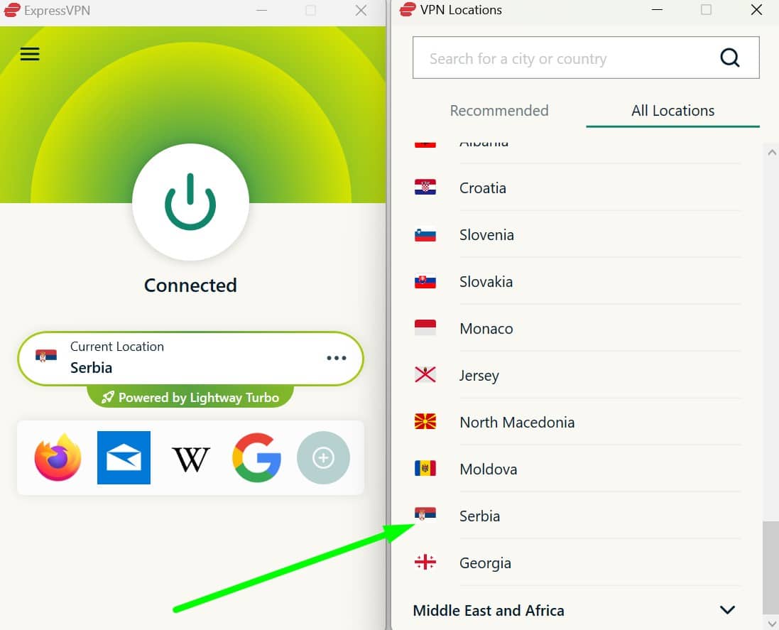 Screenshot of ExpressVPN's serbia servers