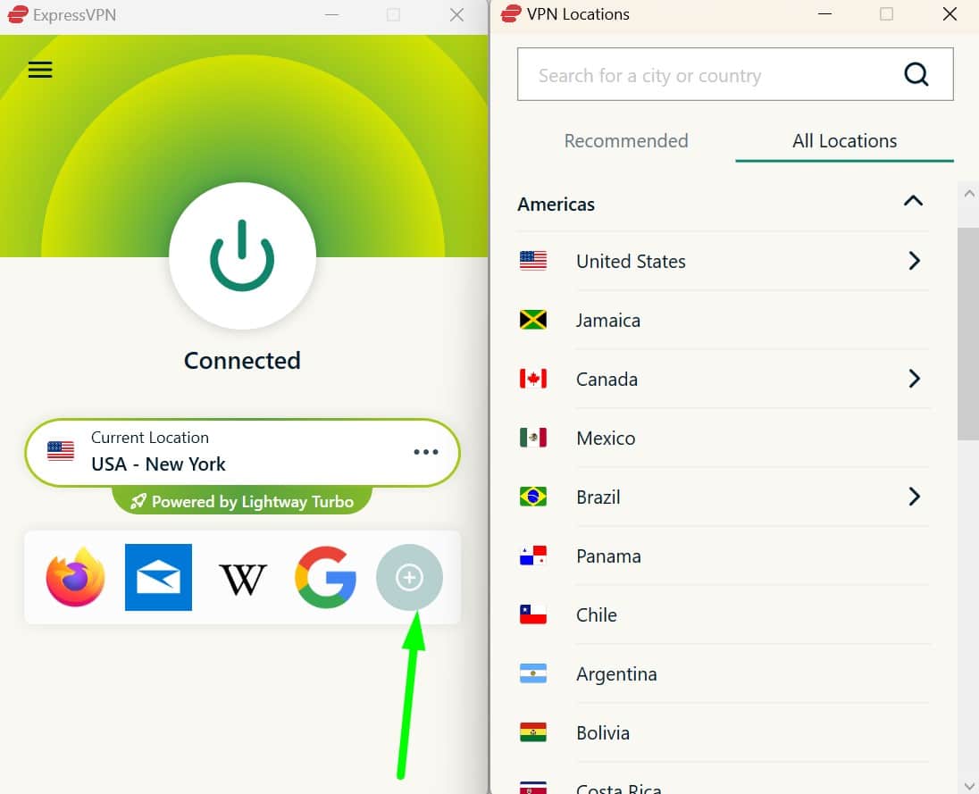 Screenshot showing ExpressVPN's shortcuts