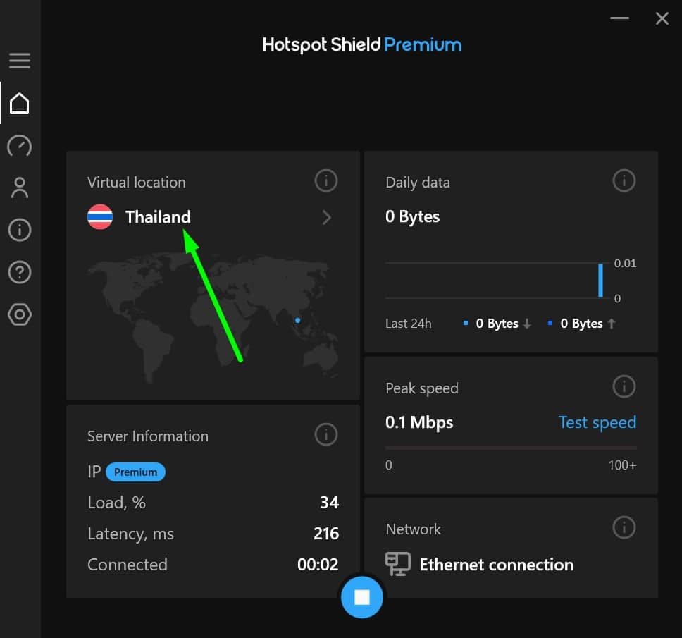 Screenshot showing Hotspot Shield's Thailand servers