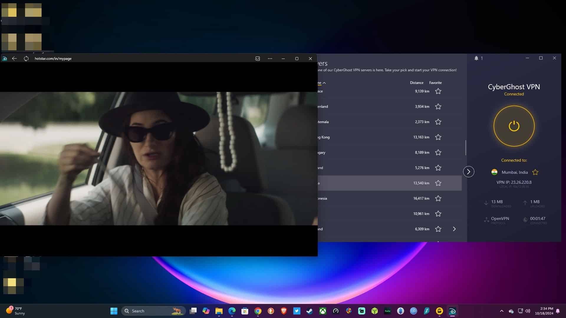 Streaming Hotstar using CyberGhost.