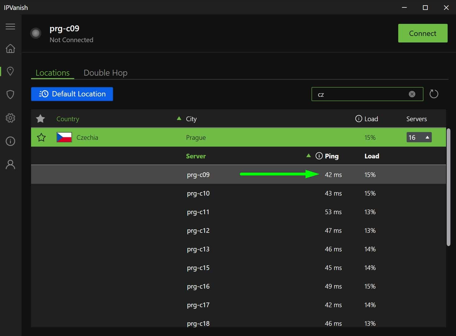 Screenshot of IPVanish's Czech servers