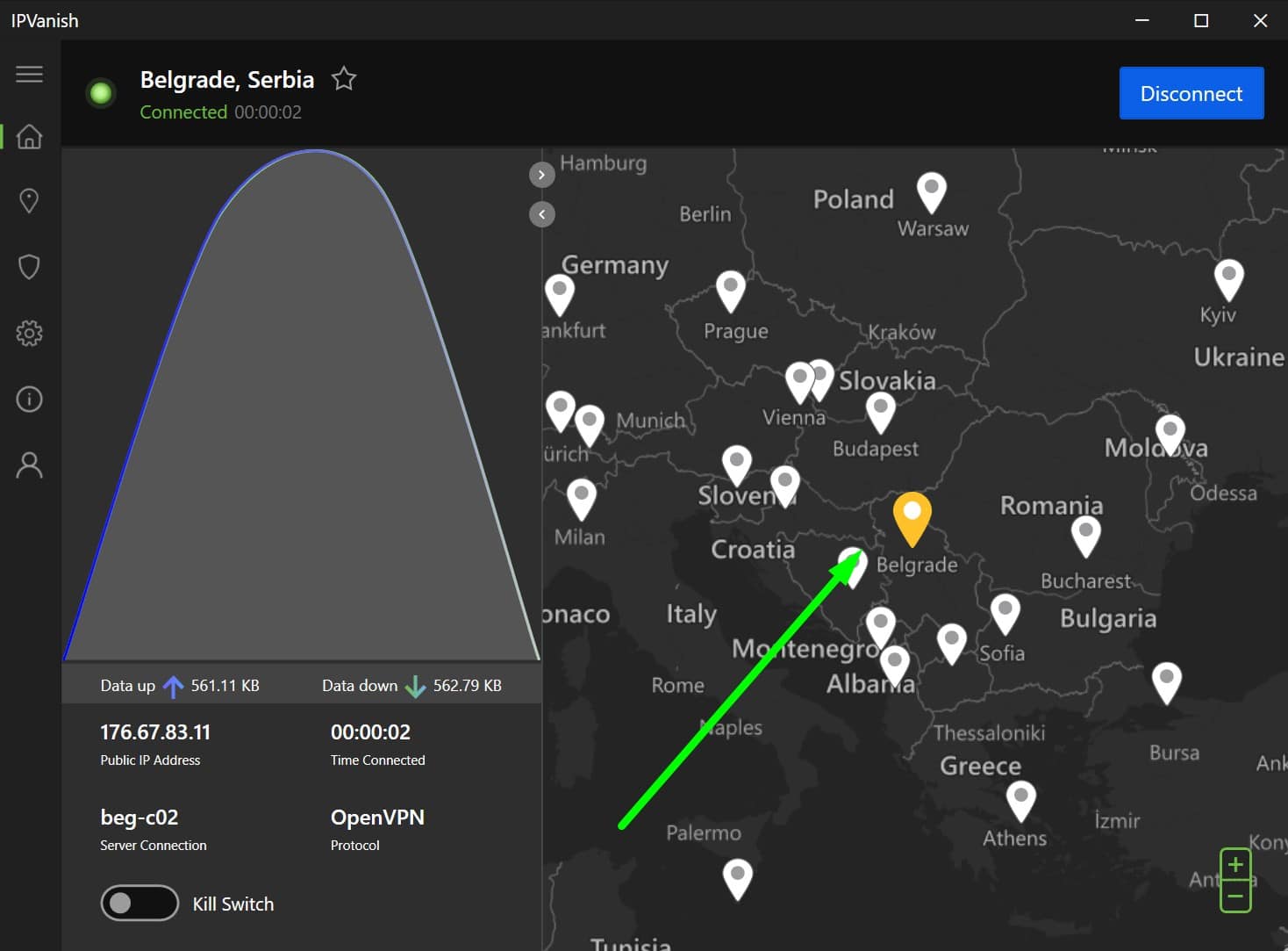 Screenshot of IPVanish's Serbian servers