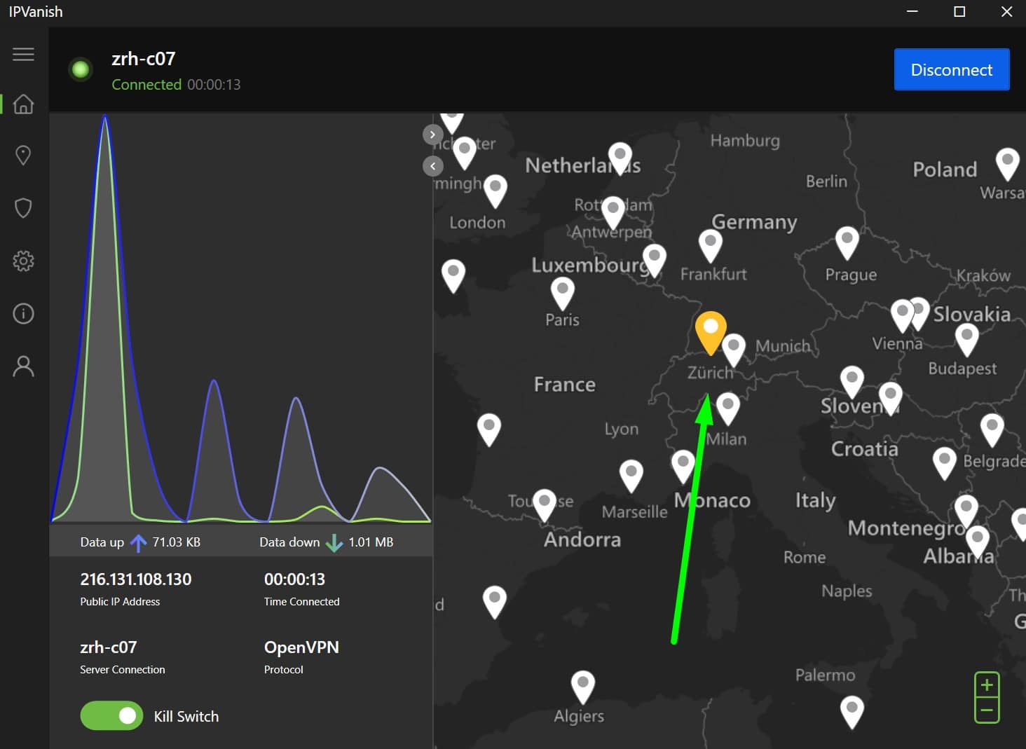 Screenshot showing IPVanish 's Switzerland server