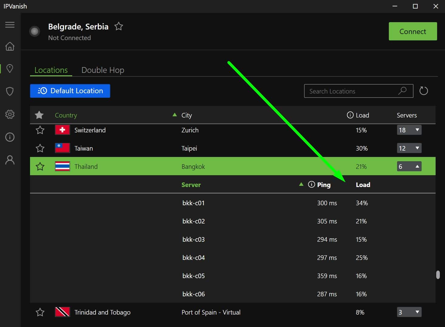 Screenshot showing IPVanish's Thailand servers