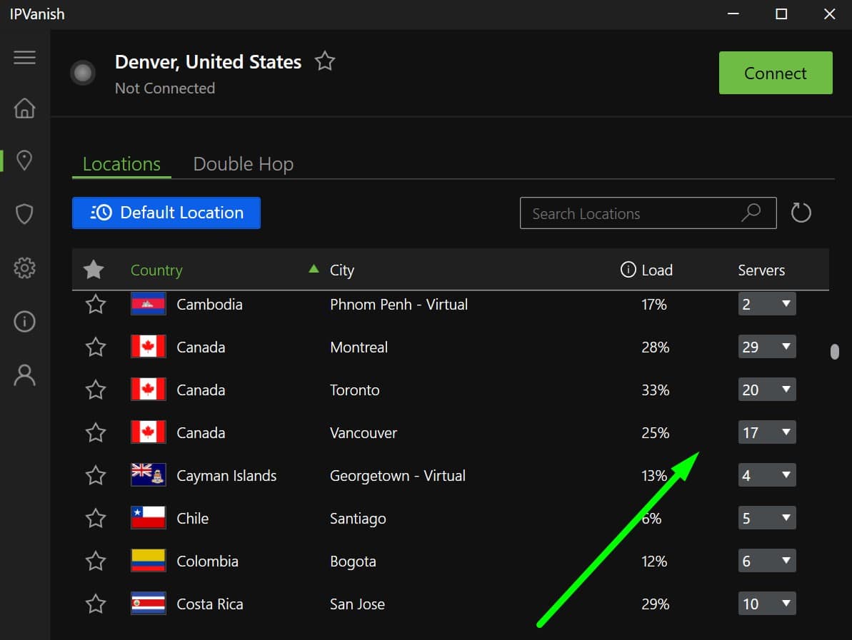 Screenshot showing IPVanish's canadian servers