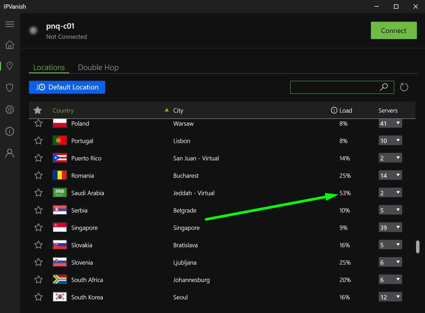 Screenshot showing IPVanish's servers and load info