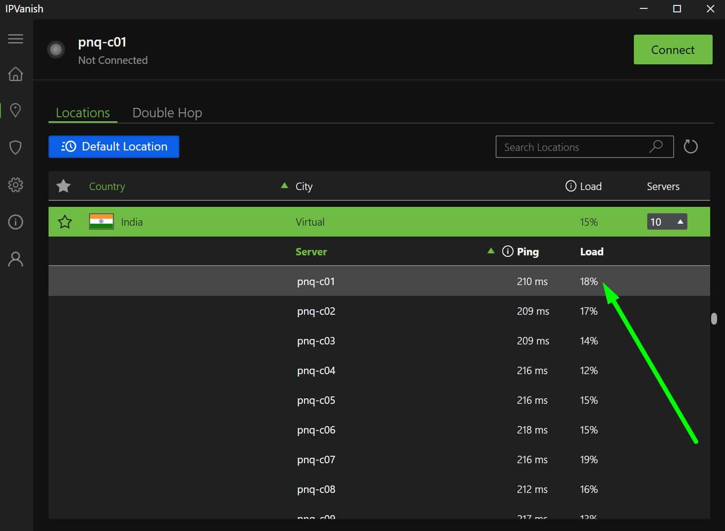 Screenshot of IPVanish's Indian servers