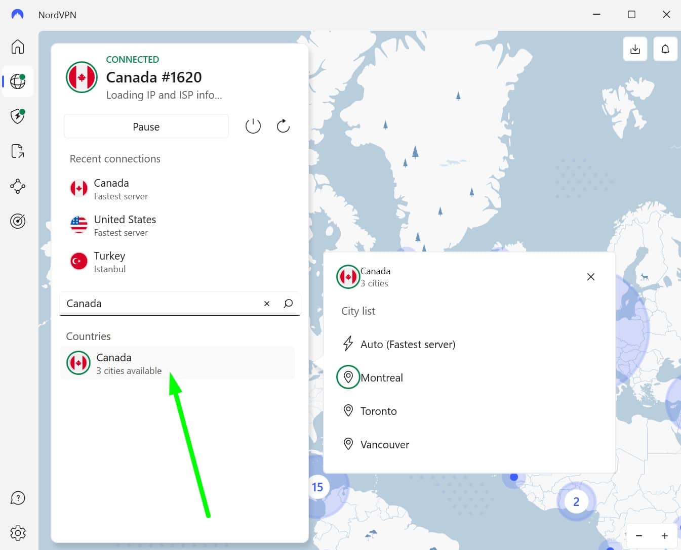 Screenshot of NordVPN's Canadian server locations