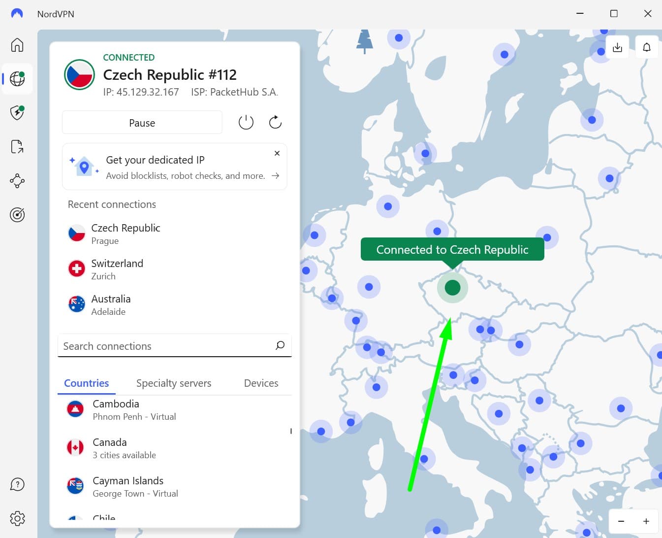 Screenshot showing NordVPN's Czech servers