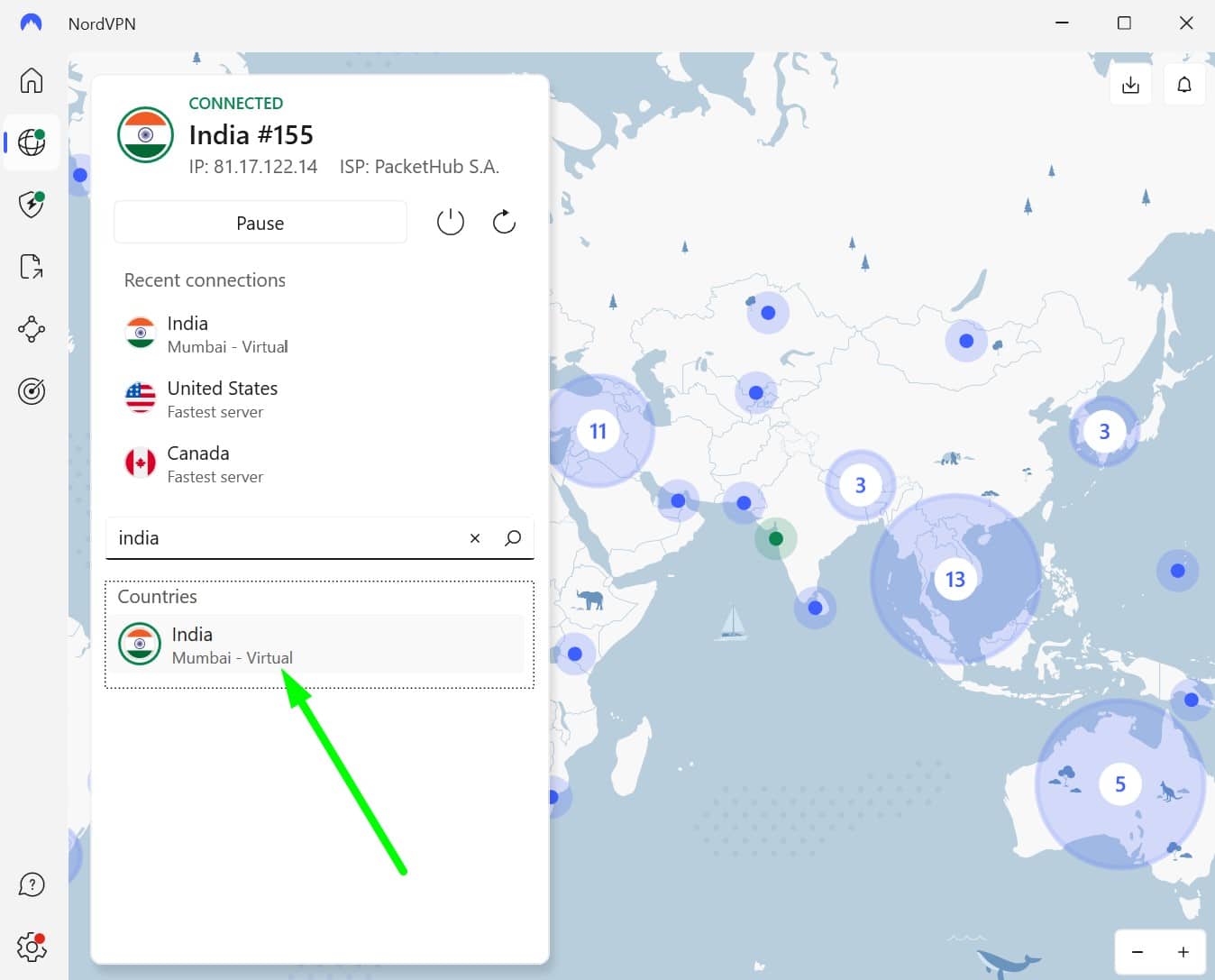 Screenshot of NordVPN's Indian servers