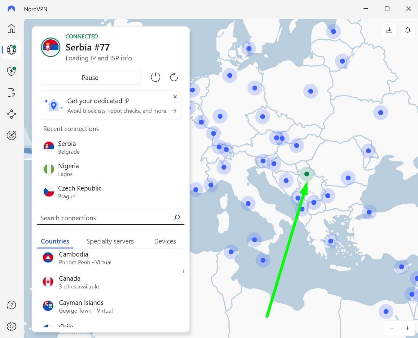 Screenshot showing NordVPN's Serbia servers