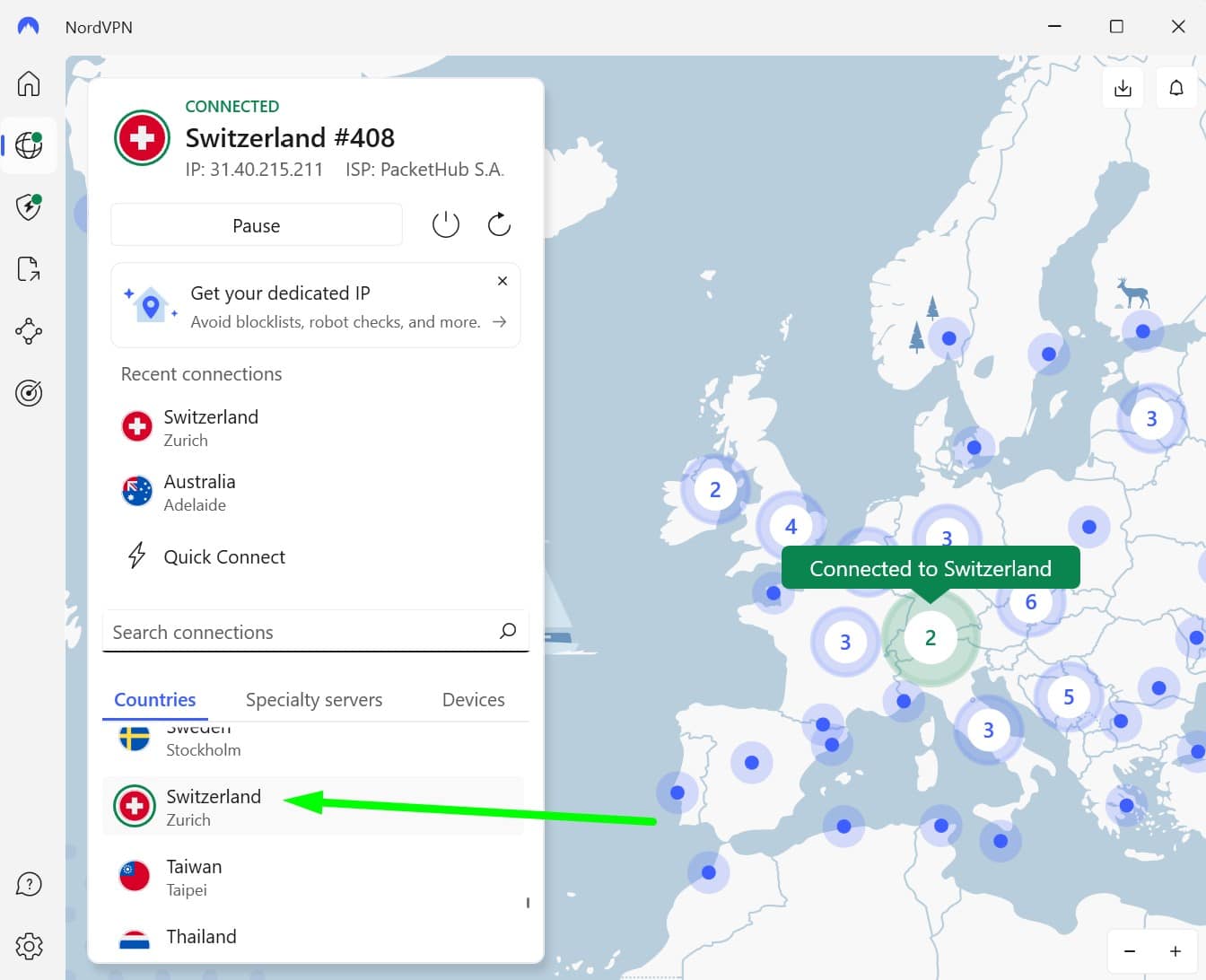 Screenshot showing NordVPN's Swiss servers