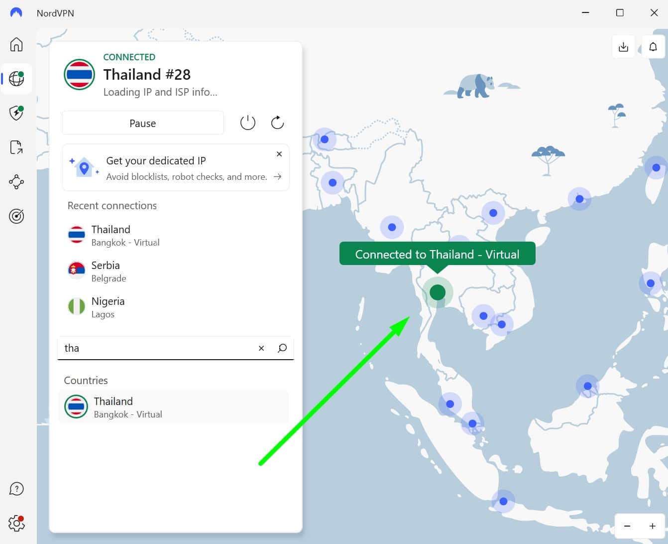 Screenshot showing NordVPN's Thailand servers