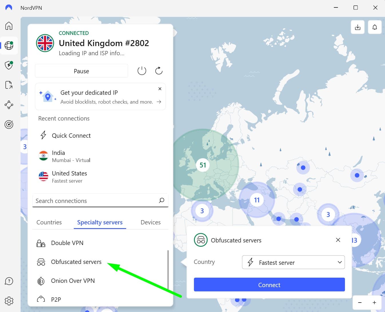 Screenshot of NordVPN's obfuscated servers