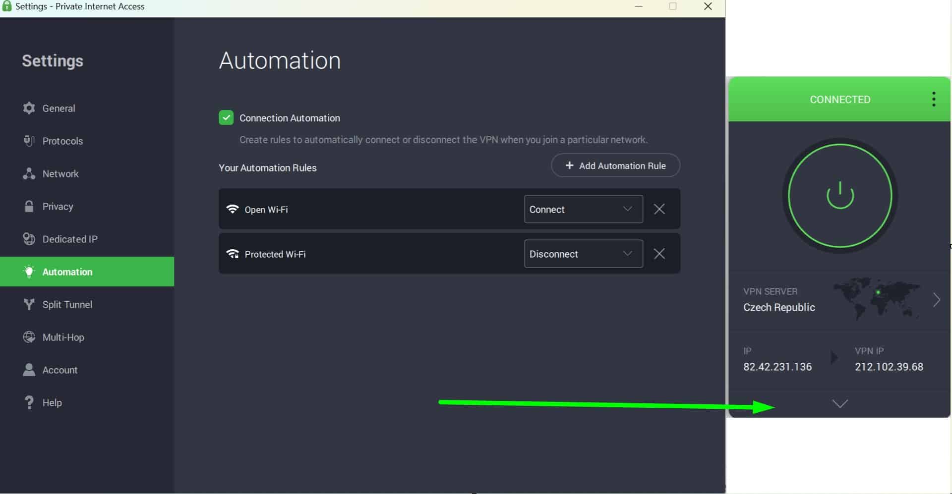 Screenshot showing PIA's Czech servers