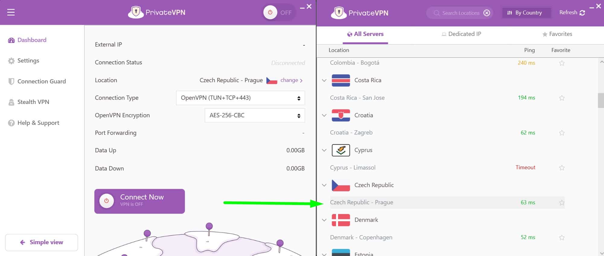 Screenshot showing PrivateVPN's Czech servers