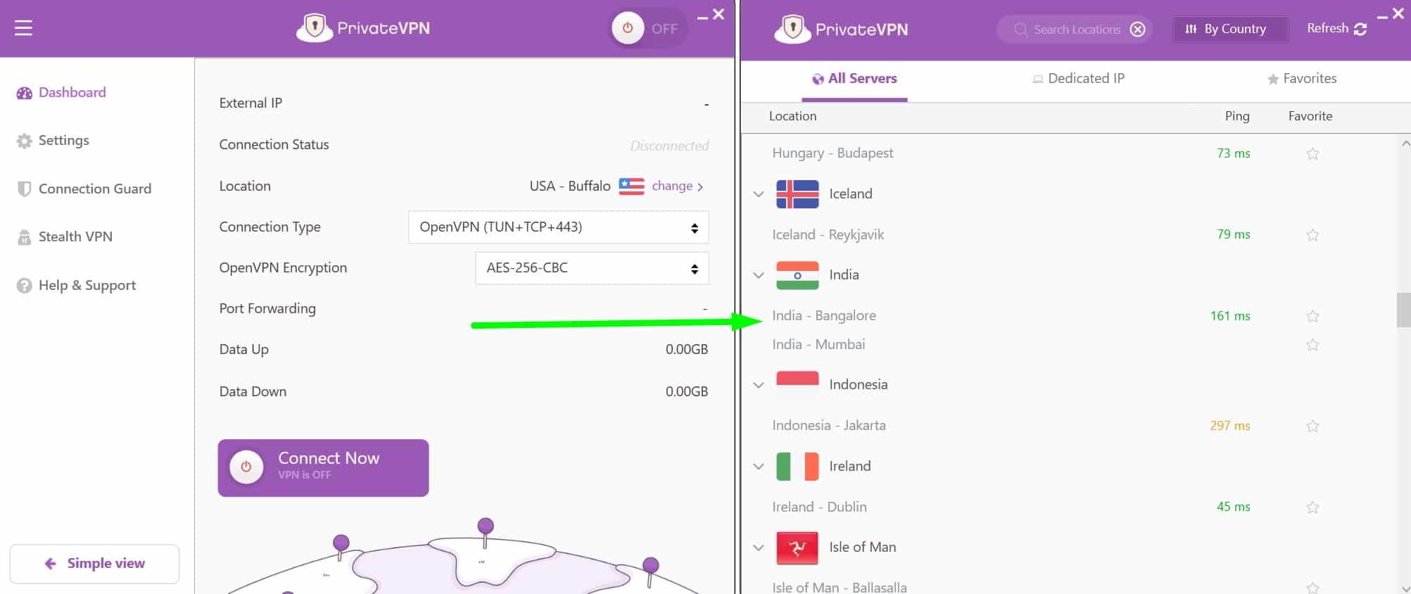 Screenshot of PrivateVPN's Indian servers