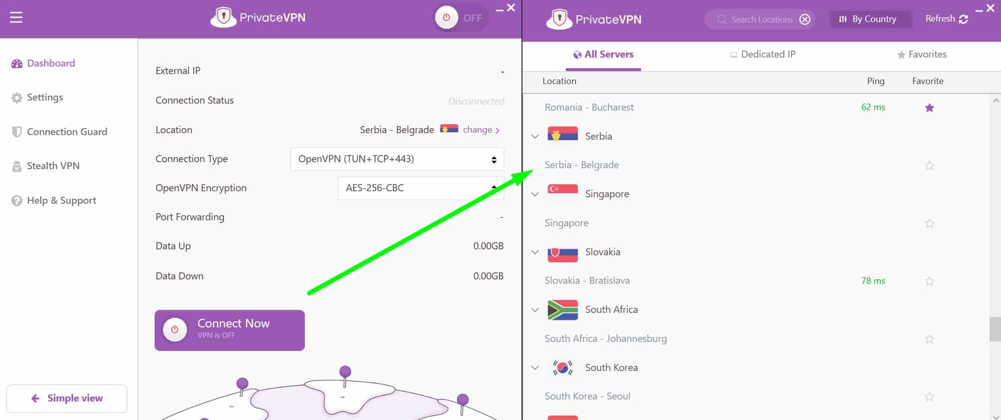 Screenshot of PrivateVPN's Serbia servers