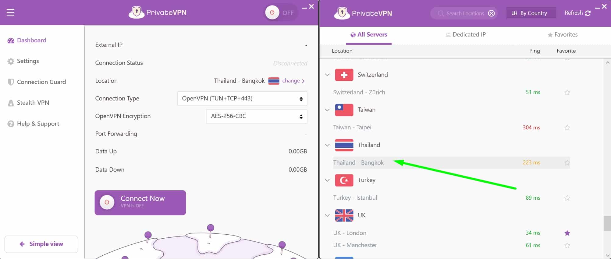 Screenshot showing PrivateVPN's Thailand servers