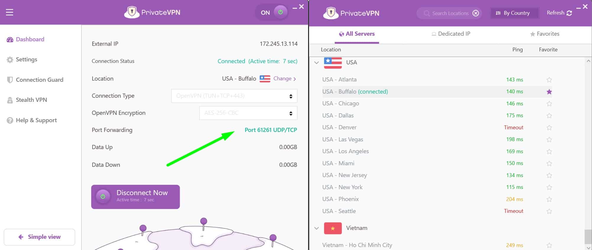 Screenshot of PrivateVPN's port forwarding and server list