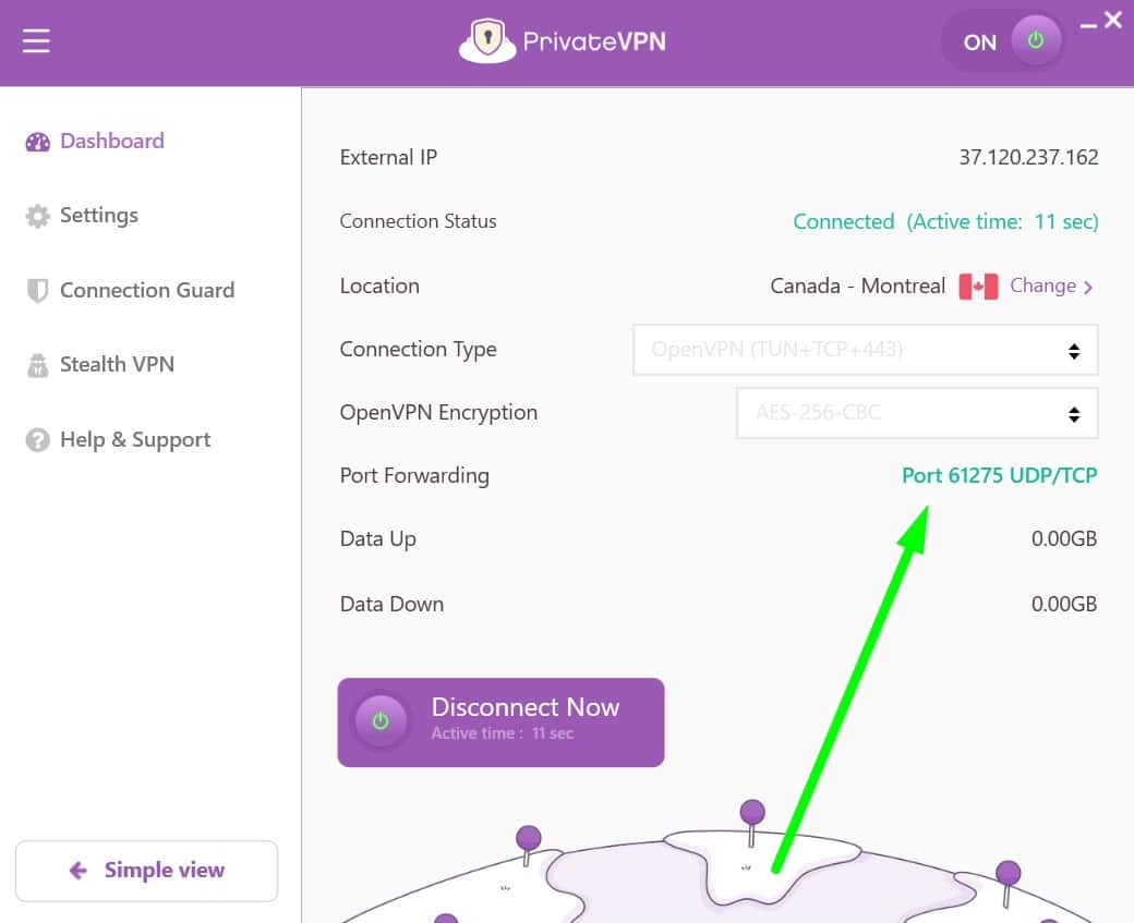 Screenshot of PrivateVPN's interface and port forwarding info