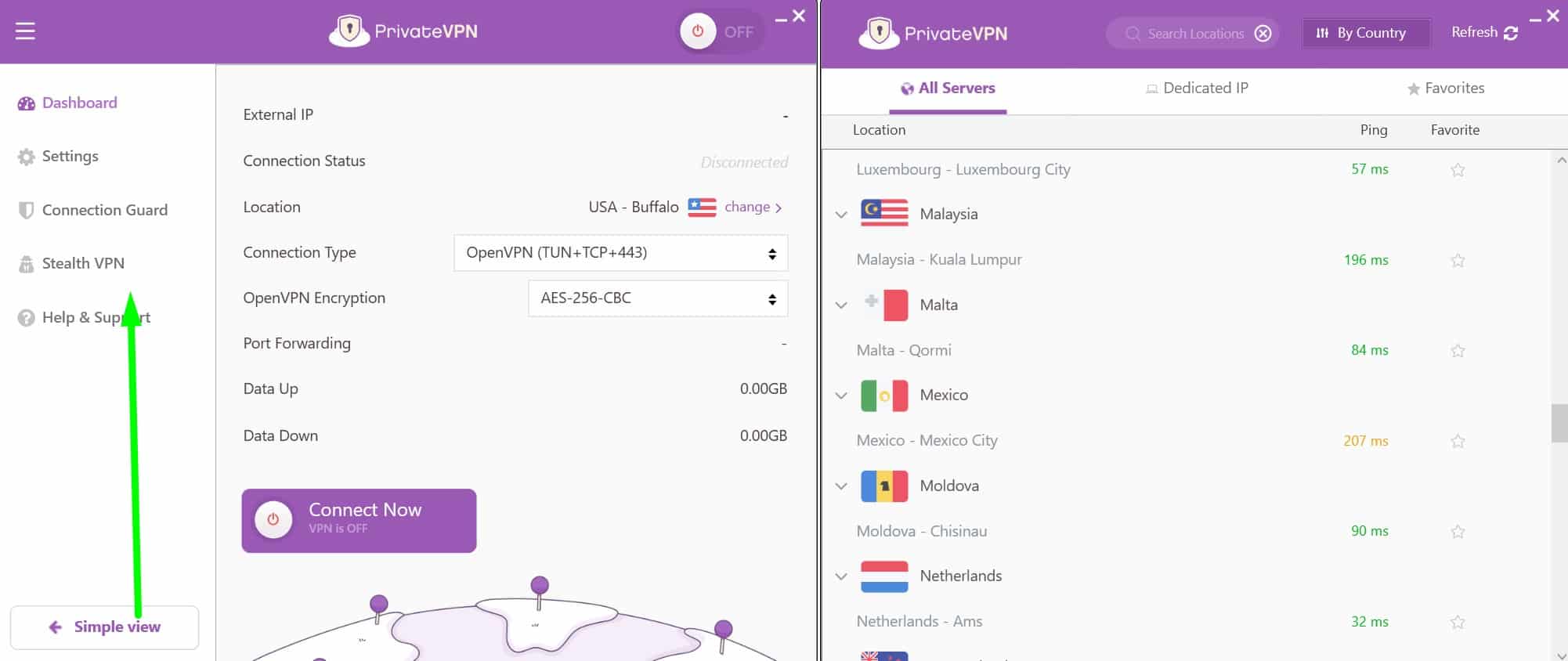 Screenshot showing PrivateVPN's stealth mode and servers