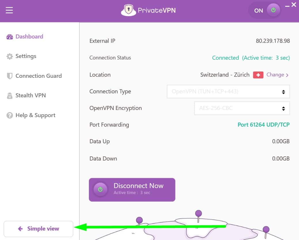 Screenshot showing PrivateVPN's swiss server and view toggle