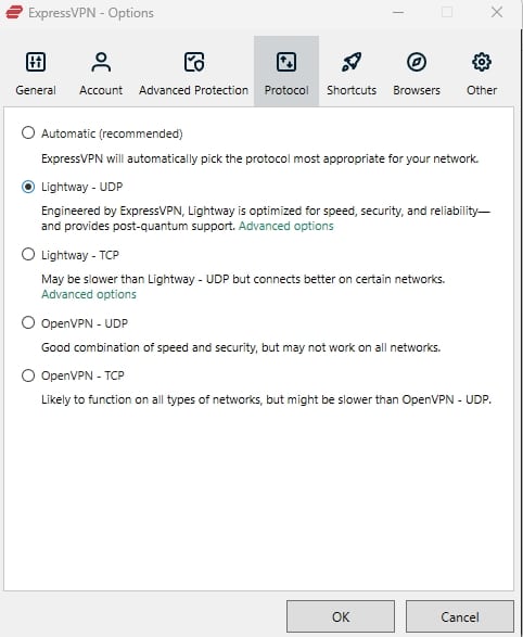 ExpressVPN's protocol options.