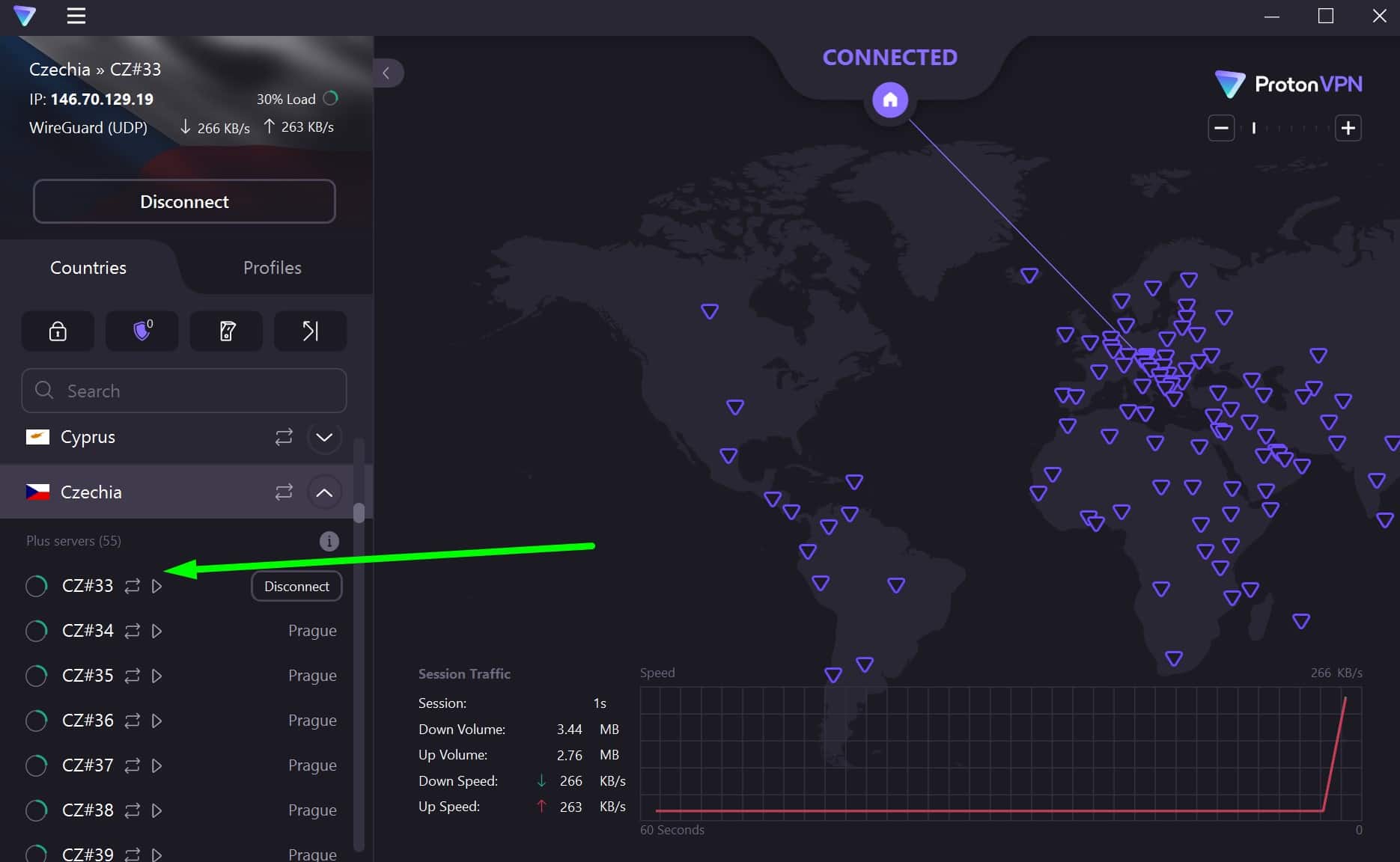 Screenshot showing ProtonVPN's Czech servers